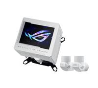 ASUS ROG Ryujin III WB CPU water block with full colour 3.5 inch LCD screen, embedded VRM fan, 178 micro cooling fins and copper alloy cold plate cooling technology by Asetek, and ROG fittings, White