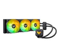 ASUS TUF GAMING LC II 360 ARGB all-in-one liquid CPU cooler with 400mm tubing, three grooved-fin 120mm fans, ARGB lighting, and Intel LGA 1700, 1200, 115x, and AMD AM5/AM4 socket compatibility.