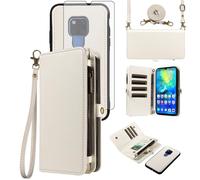 Asuwish Case for Huawei Mate 20 X 5G Wallet with Tempered Glass and Cord Card Holder Magnetic Chain PU Leather Flip Case Cover Stand Hawaii Mate20 20X Phone Case Glass Women White