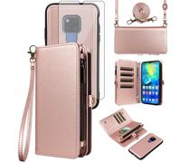 Asuwish Case for Huawei Mate 20 X 5G Wallet with Tempered Glass and Cord Card Holder Magnetic Chain PU Leather Flip Case Cover Stand Hawaii Mate20 20X Phone Case Women Rosegold