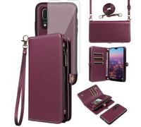 Asuwish Case for Huawei P20 Wallet with Tempered Glass and Cord Card Holder Magnetic Chain PU Leather Flip Case Cover Stand Hawaii P 20 20P EML-L29 Phone Case Women Intense Purple