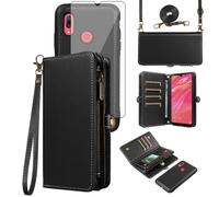 Asuwish Case for Huawei Y7 2019/7Y Pro Wallet with Tempered Glass and Cord Card Holder Magnetic Chain PU Leather Flip Cover Stand Hawaii Y7 Prime 2019 Dub-LX1 Phone Case Women Black