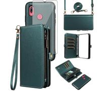 Asuwish Case for Huawei Y7 2019/7Y Pro Wallet with Tempered Glass and Cord Card Holder Magnetic Chain PU Leather Flip Cover Stand Hawaii Y7 Prime 2019 Dub-LX1 Phone Case Midnight Green