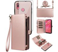 Asuwish Case for Huawei Y7 2019/7Y Pro Wallet with Tempered Glass and Cord Card Holder Magnetic Chain Leather Flip Case Cover Stand Hawaii Y7 Prime 2019 Dub-LX1 Phone Case Rosegold