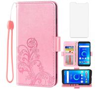 Asuwish Compatible with Alcatel 1 2019 5033E/Alcatel1 2021 4G LTE Wallet Case and Tempered Glass Screen Protector Flip Wrist Strap Credit Card Holder Cell Phone Cover for Vodafone Smart E9 Rose Gold
