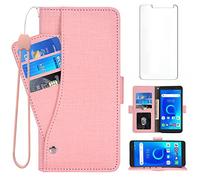 Asuwish Compatible with Alcatel 1 2019 5033E/Alcatel1 2021 4G LTE Wallet Case Tempered Glass Screen Protector and Leather Flip Cover Card Holder Cell Phone Cases for Vodafone Smart E9 Women Men Pink