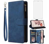 Asuwish Compatible with Google Pixel 6A 5G 2022 Wallet Case Tempered Glass Screen Protector and Leather Flip Cover Card Holder Stand Cell Accessories Kickstand Phone Cases for Pixel6A Women Men Blue