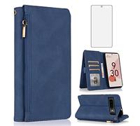 Asuwish Compatible with Google Pixel 6A 5G 2022 Wallet Case Tempered Glass Screen Protector and Zipper Retro Leather Flip Cover Card Holder Stand Cell Accessories for Pixel6A Women Men Blue