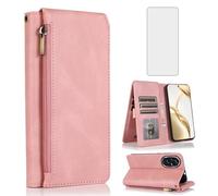 Asuwish Compatible with Honor 200 5G Wallet Case Tempered Glass Screen Protector Zipper Retro Leather Flip Cover Card Holder Stand Cell Accessories for Honor200 ELI-AN00 ELI-NX9 Women Men Rose Gold