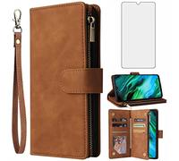 Asuwish Compatible with Honor 20E/10i/20i/20Lite Wallet Case Tempered Glass Screen Protector and Leather Flip Cover Card Holder Stand Cell Accessories Credit ID Slot Phone Cases for Women Men Brown