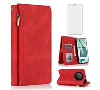 Asuwish Compatible with Honor Magic 5 Lite 5G / X9a / X40 Wallet Case Screen Protector and Zipper Retro Leather Flip Cover Card Holder Stand Cell Accessories for Magic5 5Lite 6.67” Women Men Red