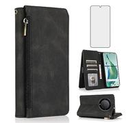 Asuwish Compatible with Honor Magic 5 Lite 5G / X9a / X40 Wallet Case Screen Protector and Zipper Retro Leather Flip Cover Card Holder Stand Cell Accessories for Magic5 5Lite 6.67” Women Men Black