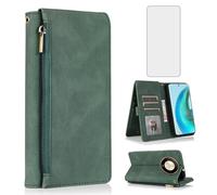 Asuwish Compatible with Honor Magic 6 Lite 5G/Honor X9b/X50 Wallet Case Tempered Glass Screen Protector Zipper Retro Leather Flip Cover Card Holder Stand Cell for Magic6 6Lite HonorX9b Women Men Green
