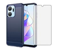 Asuwish Compatible with Honor X7a 5G Case and Tempered Glass Screen Protector with Shockproof Wireless Charging Slim Silicone Carbon Fiber Phone Cover for RKY-LX2 Women Men Blue