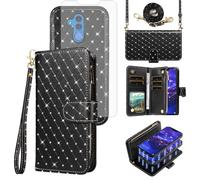 Asuwish Compatible with Huawei Mate 20 Lite Wallet Case Zipper Cell and Screen Protector Crossbody Strap Glitter Flip Card Holder Phone Cover for Hawaii Mate20Lite Mate20 20Lite SNE-LX3 Women Black
