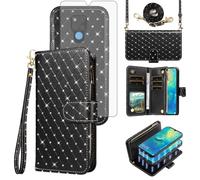 Asuwish Compatible with Huawei Mate 20 X 5G Wallet Case Zipper Cell and Screen Protector Crossbody Strap Glitter Flip Card Holder Phone Cover for Hawaii Mate20X 4G Mate20 20X G5 7.2 inch Women Black