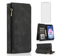 Asuwish Compatible with Huawei P Smart 2017/Enioy 7S/Honor 9 Lite/9N/9i Wallet Case Screen Protector Zipper Retro Leather Flip Cover Card Holder Stand Cell Accessories for Hawaii PSmart 2018 Black