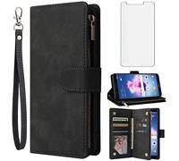 Asuwish Compatible with Huawei P Smart 2017/Enioy 7S/Honor 9 Lite/9N/9i Wallet Case Tempered Glass Screen Protector and Flip Cover Card Holder Cell Phone Cases for Hawaii PSmart 2018 Women Men Black
