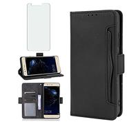Asuwish Compatible with Huawei P10 Lite Wallet Case Tempered Glass Screen Protector and Leather Flip Cover Card Holder Stand Phone Cases for Hawaii P10Lite 10P P 10 10Lite 2017 Women Men Black