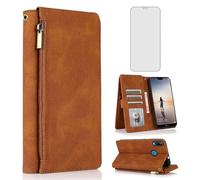 Asuwish Compatible with Huawei P20 Lite Wallet Case Tempered Glass Screen Protector Zipper Retro Leather Flip Cover Card Holder Stand Cell Accessories for Hawaii P20lite P 20 Nova 3E Women Men Brown