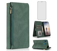Asuwish Compatible with Huawei P20 Lite Wallet Case Tempered Glass Screen Protector Zipper Retro Leather Flip Cover Card Holder Stand Cell Accessories for Hawaii P20lite P 20 Nova 3E Women Men Green