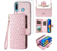 Asuwish Compatible with Huawei P30 Lite/Nova 4E Wallet Case Zipper Cell and Screen Protector Crossbody Strap Glitter Flip Card Holder Phone Cover for Hawaii P30Lite P 30 30Lite Women Girls Rose Gold