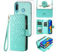 Asuwish Compatible with Huawei P30 Lite/Nova 4E Wallet Case Zipper Detachable Cell and Screen Protector Crossbody Strap Glitter Flip Card Holder Phone Cover for Hawaii P30Lite P 30 30Lite Women Green