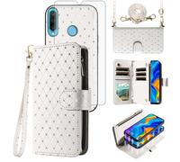 Asuwish Compatible with Huawei P30 Lite/Nova 4E Wallet Case Zipper Detachable Cell and Screen Protector Crossbody Strap Glitter Flip Card Holder Phone Cover for Hawaii P30Lite P 30 30Lite Women White