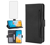Asuwish Compatible with Huawei P40 Wallet Case and Tempered Glass Screen Protector Card Holder Credit ID Slot Flip Leather Cell Accessories Phone Cover for Hawaii P 40 Women Men Black