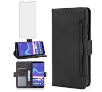 Asuwish Compatible with Huawei Y9 2018 Wallet Case Tempered Glass Screen Protector and Leather Flip Cover Card Holder Stand Cell Accessories Phone Cases for Hawaii Enjoy 8 Plus Women Men Black