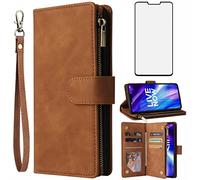 Asuwish Compatible with LG V40 ThinQ Wallet Case Tempered Glass Screen Protector and Leather Flip Cover Card Holder Stand Cell Phone Cases for LGV40 Storm V 40 Thin Q V40ThinQ LG40 40V 40ThinQ Brown