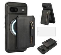 Asuwish Compatible with Magsafe for Google Pixel 8A 5G 6.1" Wallet Case and Screen Protector PU Leather Slim Zipper Detachable Magnetic Stand Credit Card Holder Slot Cell Cover Pixel8A A8 Black