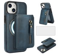 Asuwish Compatible with Magsafe for iPhone 15 6.1 inch Wallet Case and Screen Protector PU Leather Slim Zipper Detachable Magnetic Stand Credit Card Holder Slot Cover i Phone15 i15 15Case Blue