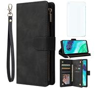 Asuwish Compatible with Moto G8 Power Wallet Case and Tempered Glass Screen Protector Leather Flip Cover Card Holder Cell Phone Cases for MotoG8Power Motorola 8 8G G8Power XT2041-1 2020 Women Black