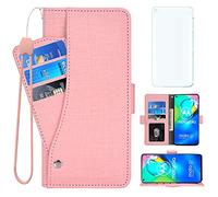 Asuwish Compatible with Moto G8 Power Wallet Case and Tempered Glass Screen Protector Leather Flip Cover Card Holder Cell Phone Cases for MotoG8Power Motorola 8 8G G8Power XT2041-1 2020 Women Pink