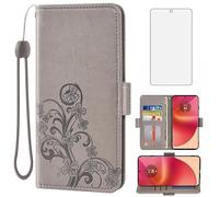 Asuwish Compatible with Motorola Edge 50 Fusion Wallet Case and Tempered Glass Screen Protector Flip Purse Accessories Wrist Strap Credit Card Holder Cell Phone Cover for Edge50Fusion Moto Grey