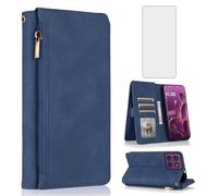 Asuwish Compatible with Motorola Edge 60 Pro 5G Wallet Case Tempered Glass Screen Protector Zipper Retro Leather Flip Cover Card Holder Stand Cell Accessories for Moto Edge60 60Pro XT2507-1 Blue