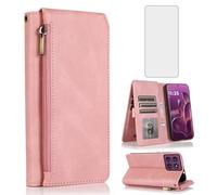 Asuwish Compatible with Motorola Edge 60 Pro 5G Wallet Case Tempered Glass Screen Protector Zipper Retro Leather Flip Cover Card Holder Stand Cell Accessories for Moto Edge60 60Pro XT2507-1 Rose Gold