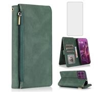 Asuwish Compatible with Motorola Edge 60 Pro 5G Wallet Case Tempered Glass Screen Protector Zipper Retro Leather Flip Cover Card Holder Stand Cell Accessories for Moto Edge60 60Pro XT2507-1 Green