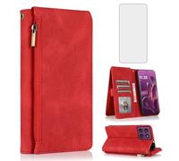 Asuwish Compatible with Motorola Edge 60 Pro 5G Wallet Case Tempered Glass Screen Protector Zipper Retro Leather Flip Cover Card Holder Stand Cell Accessories for Moto Edge60 60Pro XT2507-1 Red