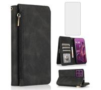 Asuwish Compatible with Motorola Edge 60 Pro 5G Wallet Case Tempered Glass Screen Protector Zipper Retro Leather Flip Cover Card Holder Stand Cell Accessories for Moto Edge60 60Pro XT2507-1 Black