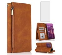 Asuwish Compatible with Motorola Edge 60 Pro 5G Wallet Case Tempered Glass Screen Protector Zipper Retro Leather Flip Cover Card Holder Stand Cell Accessories for Moto Edge60 60Pro XT2507-1 Brown
