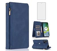 Asuwish Compatible with Motorola Moto E13 Wallet Case Tempered Glass Screen Protector and Zipper Retro Leather Flip Cover Card Holder Stand Cell Accessories for MotoE13 MotoE E 13 6.5” Women Men Blue