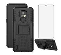 Asuwish Compatible with Motorola Moto E7 6.5 inch Phone Case and Tempered Glass Screen Protector Cover with Stand Kickstand Hybrid Protective Cell Accessories MotoE7 Cover Women Men Girly Black