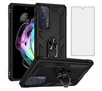 Asuwish Compatible with Motorola Moto Edge 20 5G/4G Case Tempered Glass Screen Protector With Ring Holder Stand Hard Magnetic Metal Kickstand Phone Cover for MotoEdge20 edge20 Women Men Black