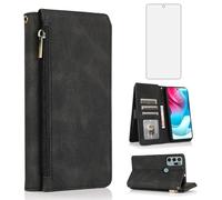 Asuwish Compatible with Motorola Moto G60S Wallet Case Tempered Glass Screen Protector Zipper Retro Leather Flip Cover Card Holder Stand Cell Accessories for MotoG60S XT2133-2 XT2133-1 Women Men Black