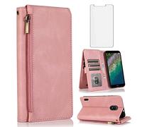Asuwish Compatible with Nokia C01 Plus Wallet Case Tempered Glass Screen Protector and Zipper Retro Leather Flip Cover Card Holder Stand Cell Accessories for NokiaC01 C01Plus (5.45") Women Rose Gold