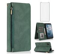 Asuwish Compatible with Nokia C2 2nd Edition (5.7 Inch) Wallet Case Tempered Glass Screen Protector and Zipper Retro Leather Flip Cover Card Holder Stand Cell Accessories for TA-1468 Women Men Green