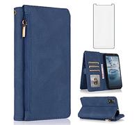 Asuwish Compatible with Nokia C2 2nd Edition (5.7 Inch) Wallet Case Tempered Glass Screen Protector and Zipper Retro Leather Flip Cover Card Holder Stand Cell Accessories for TA-1468 Women Men Blue