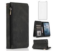 Asuwish Compatible with Nokia C2 2nd Edition (5.7 Inch) Wallet Case Tempered Glass Screen Protector and Zipper Retro Leather Flip Cover Card Holder Stand Cell Accessories for TA-1468 Women Men Black
